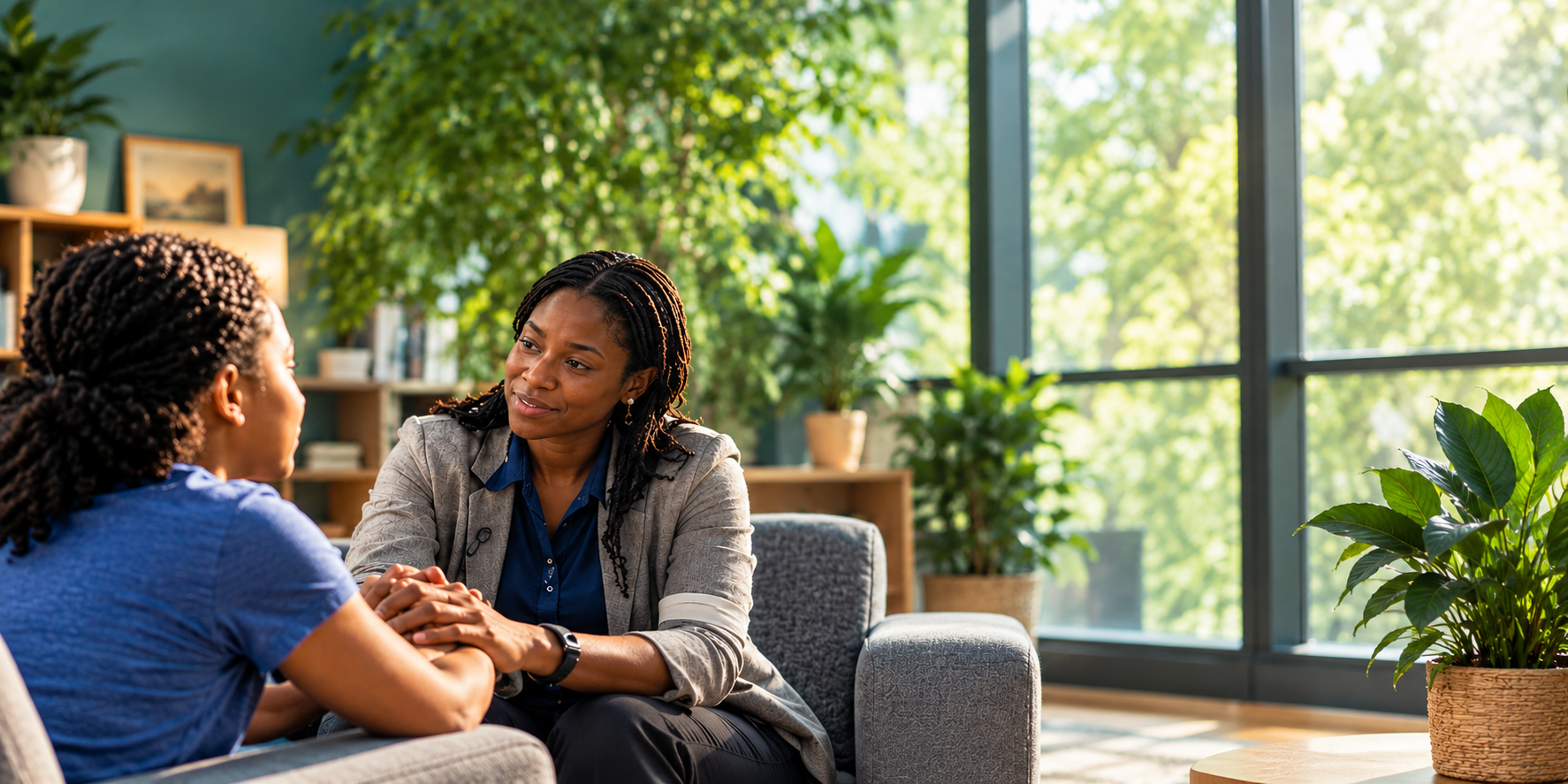 A counselor in a sunlit, plant-filled office smiles warmly