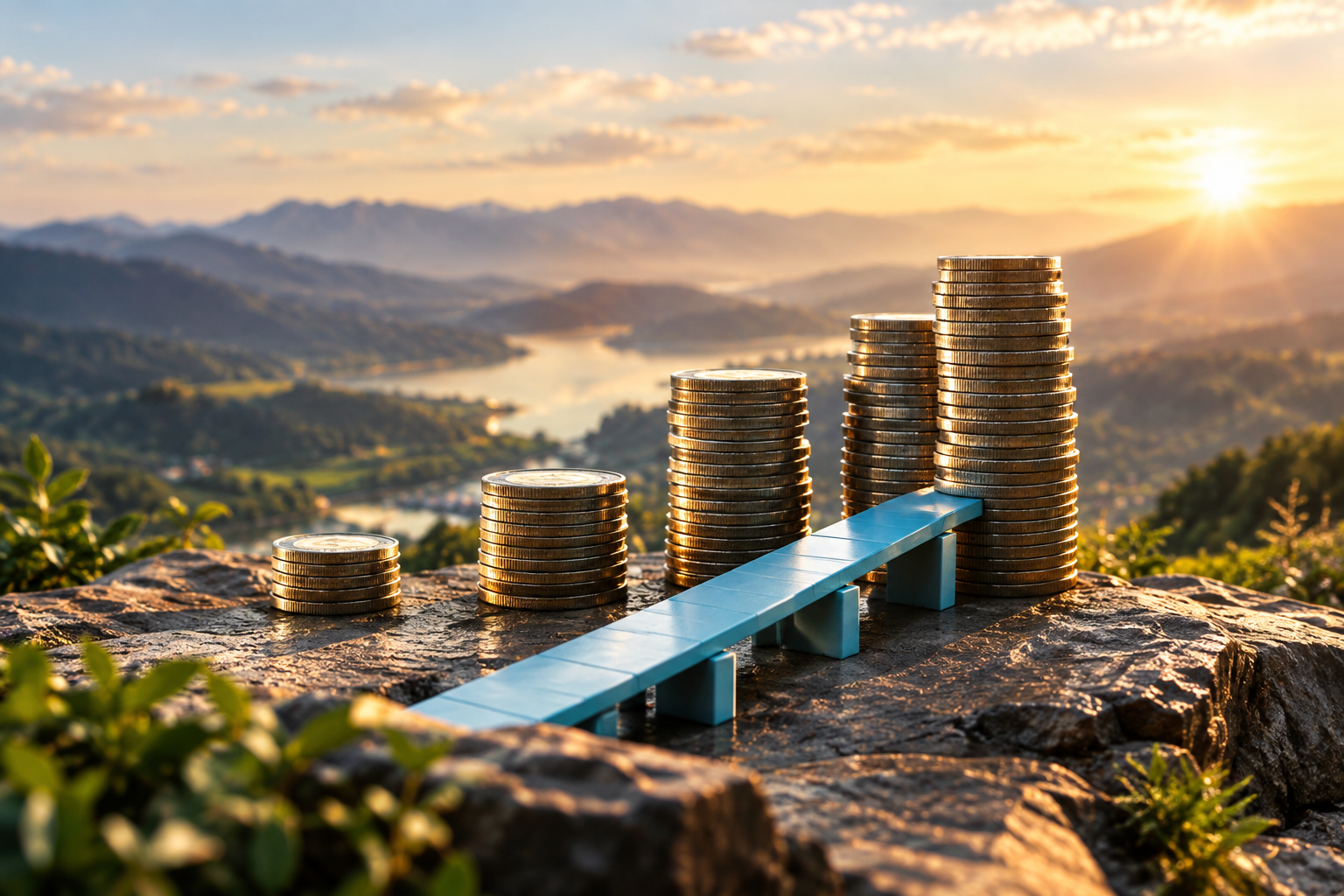 Stacks of coins on a mountaintop, symbolizing financial barriers