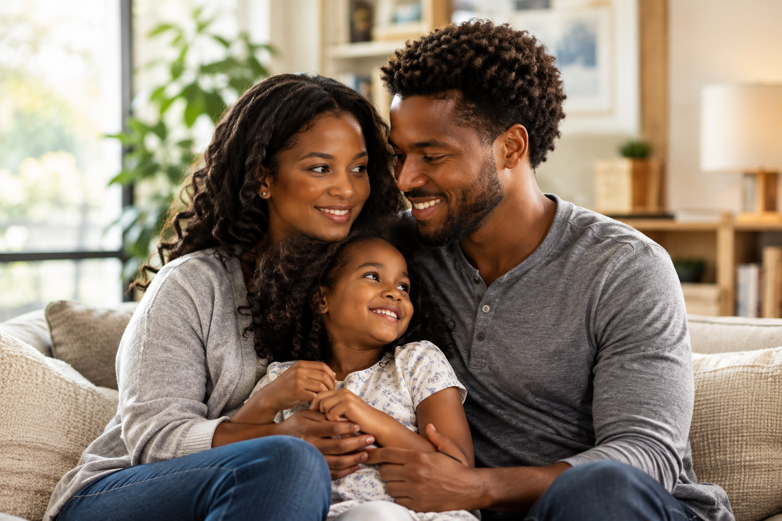 A mother, father, and daughter smiling together on a couch